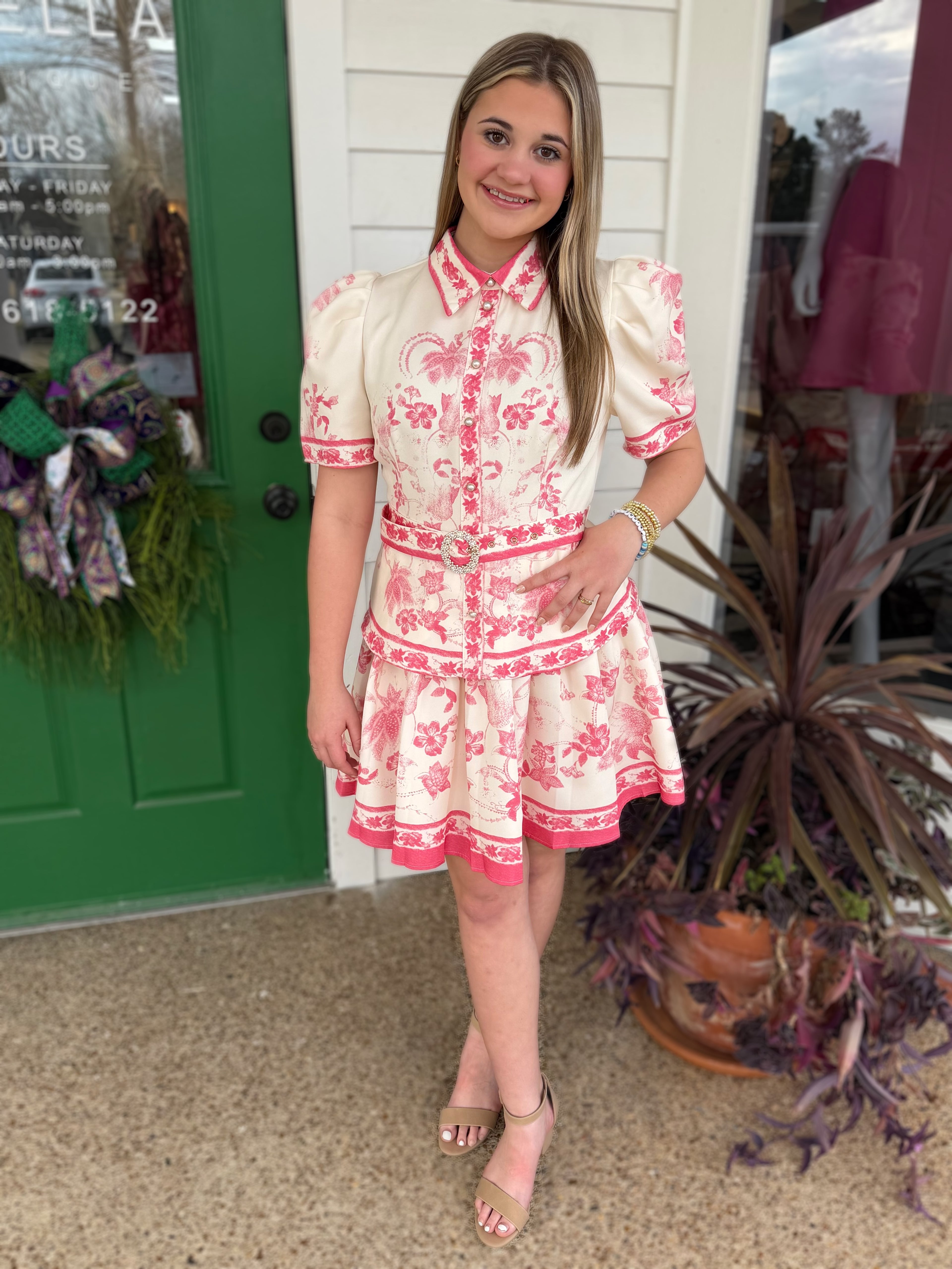 PINK MULTI FLORAL PRINT SHORT SLEEVE PLEATED BELTED MINI DRESS