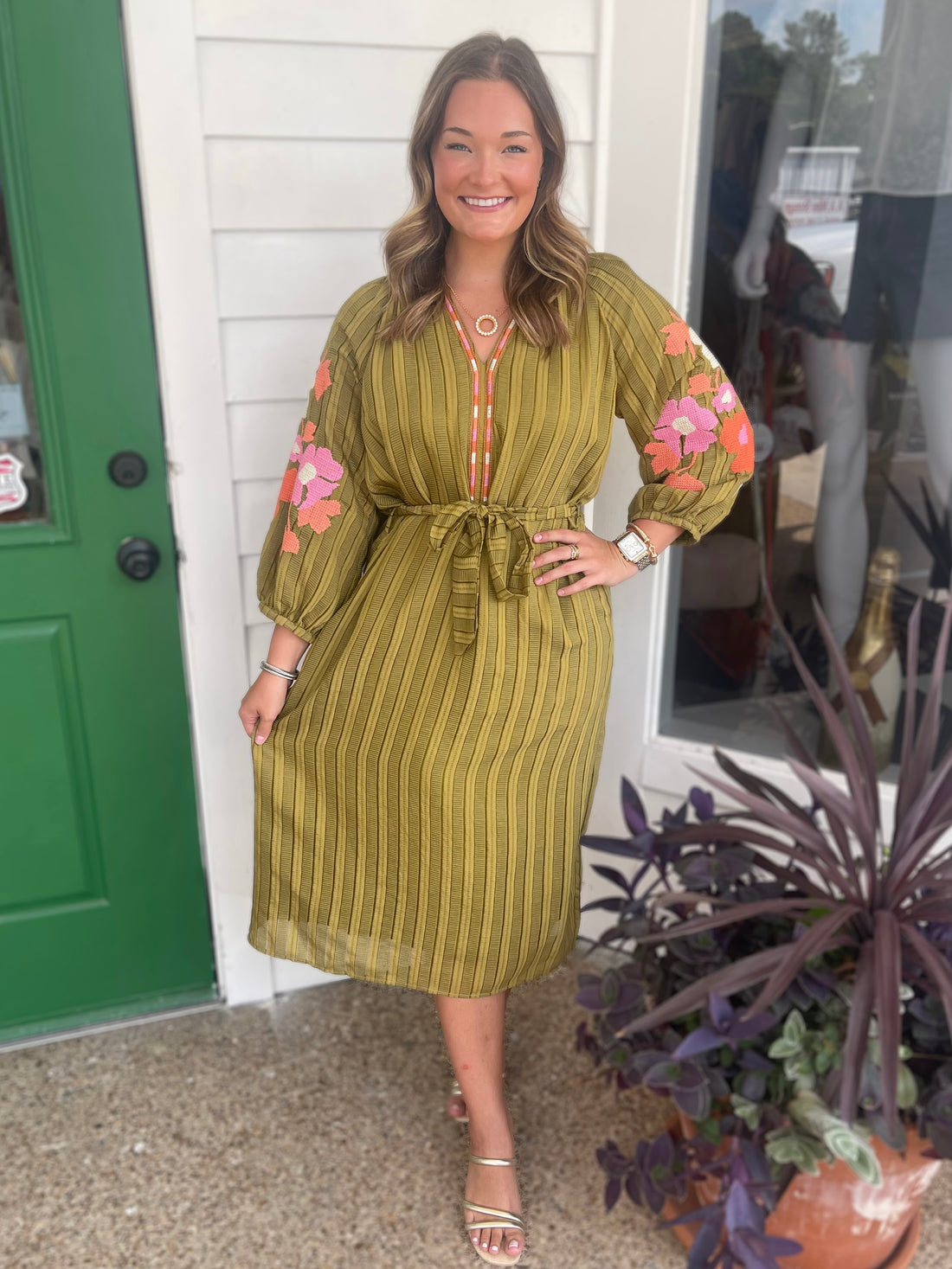OLIVE GREEN STRIPE &amp; FLORAL EMBROIDERED PUFF SLEEVE MAXI DRESS