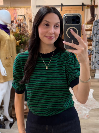 NAVY/GREEN STRIPE CONTRAST DETAIL SHORT PUFF SLEEVE SWEATER