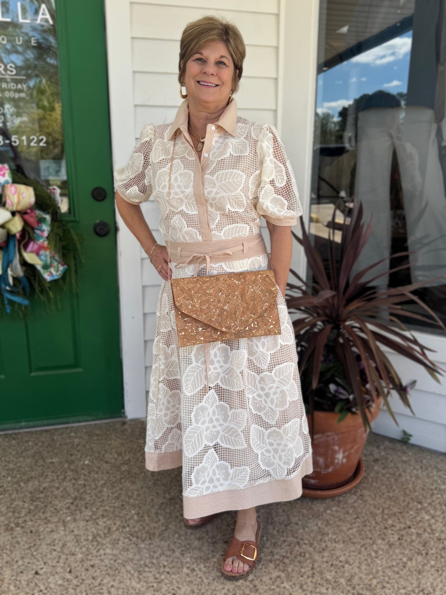ALMOND FLORAL MESH CROCHET COLLARED SHIRT MIDI DRESS