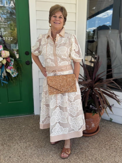 ALMOND FLORAL MESH CROCHET COLLARED SHIRT MIDI DRESS