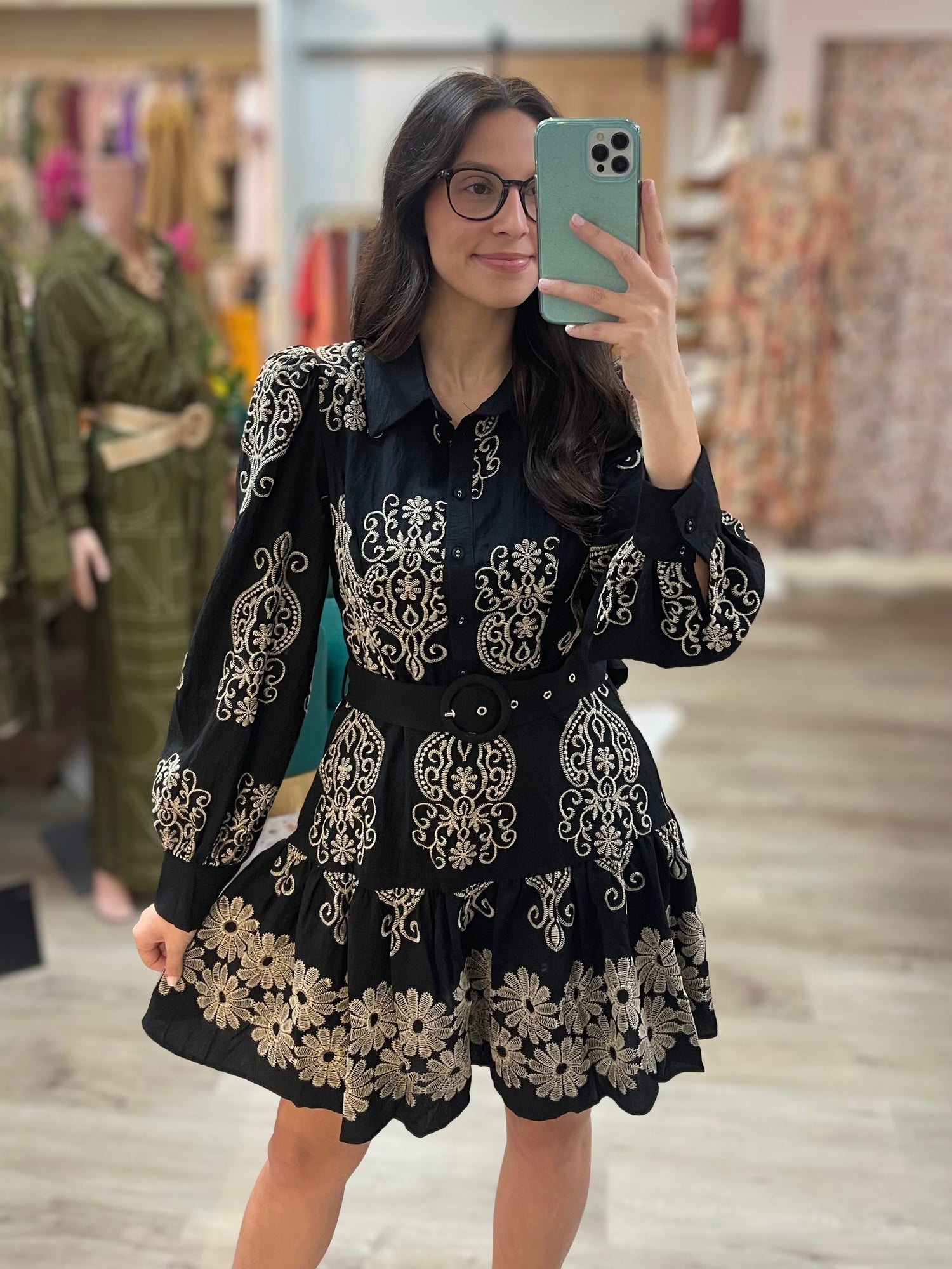 BLACK/IVORY EMBROIDERED LONG SLEEVE BUTTON UP MINI DRESS