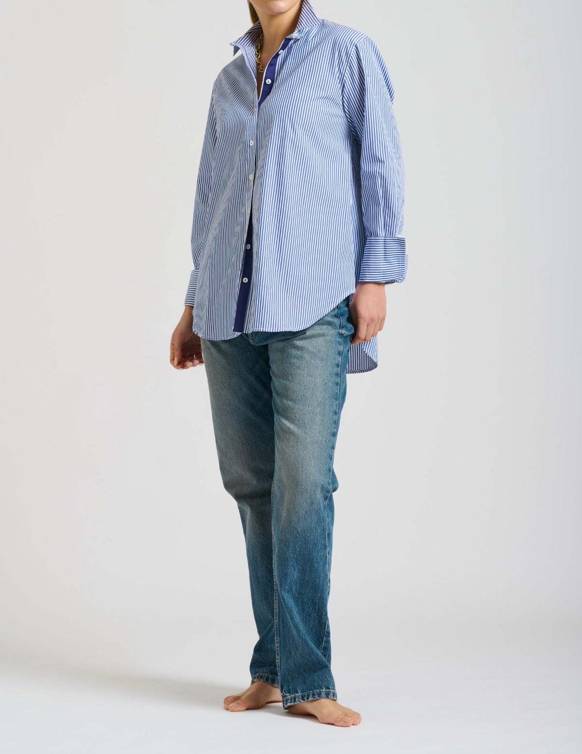 NAVY STRIPE ELODIE TRIM LONG SLEEVE BUTTON UP GIRLFRIEND RELAXED TOP