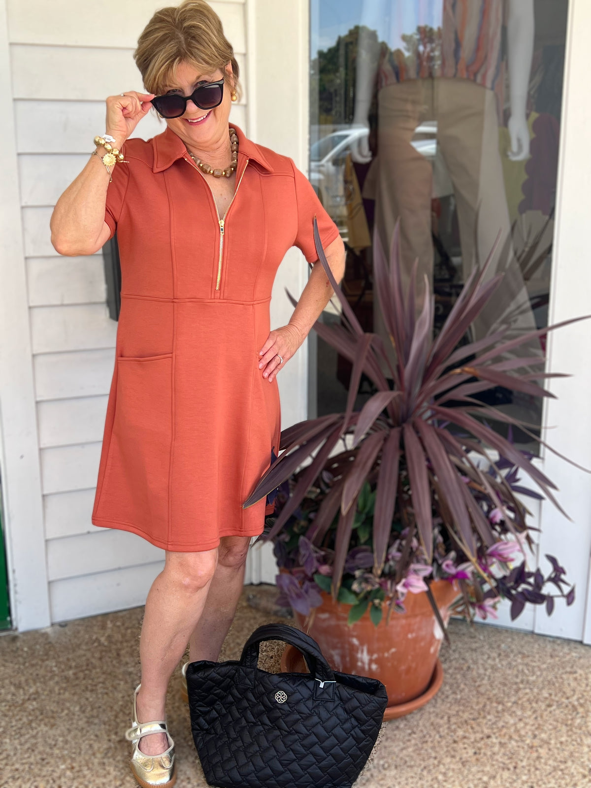 DUSTY ROSE PCILL BUTTER MODAL QUARTER ZIP SHORT SLEEVE MINI DRESS