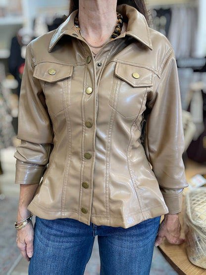 CAMEL CINCHED 3/4 SLEEVE PEPLUM FAUX LEATHER JACKET