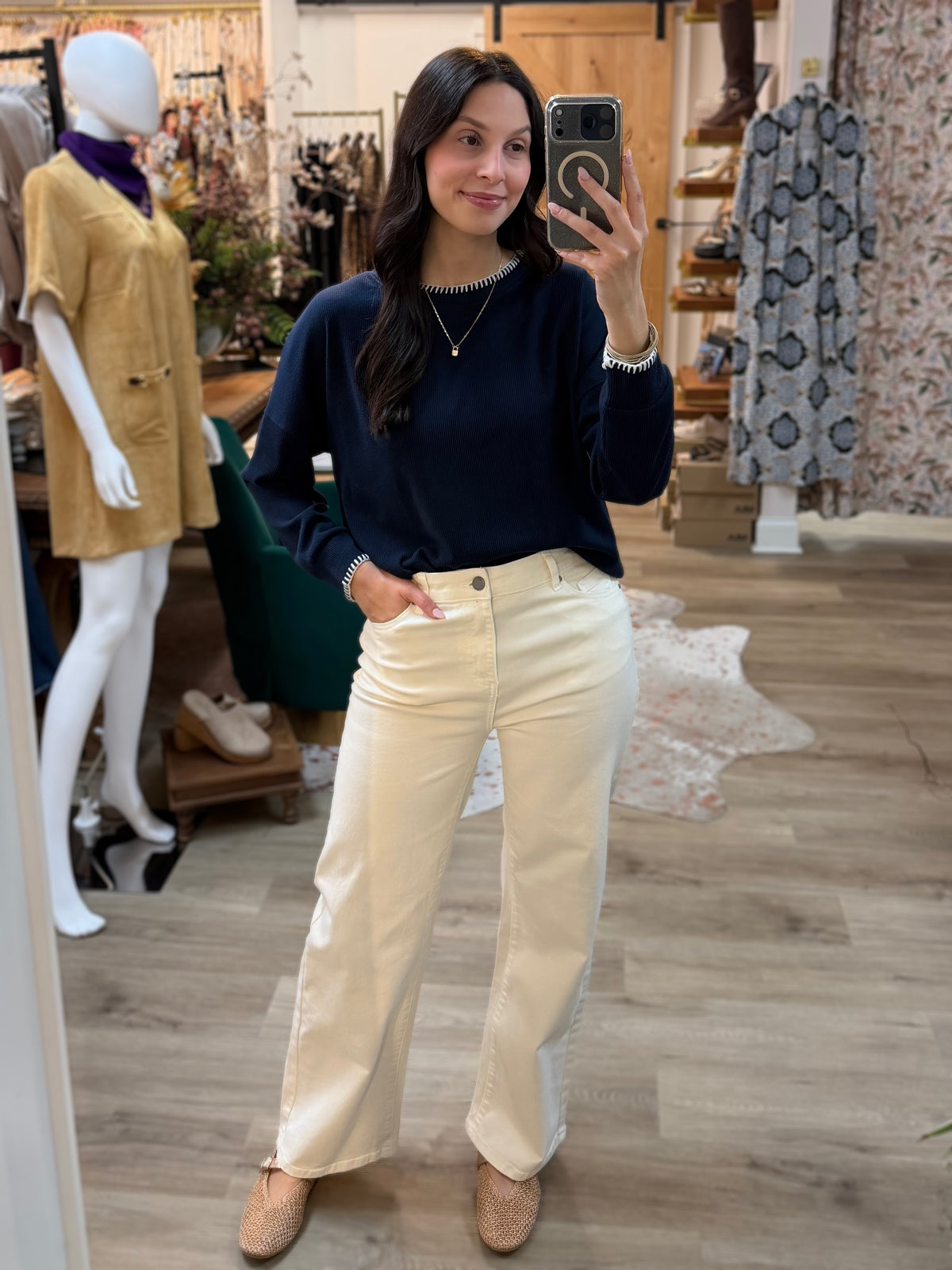 NAVY BLANKET STITCH RIBBED LONG SLEEVE PULLOVER TOP