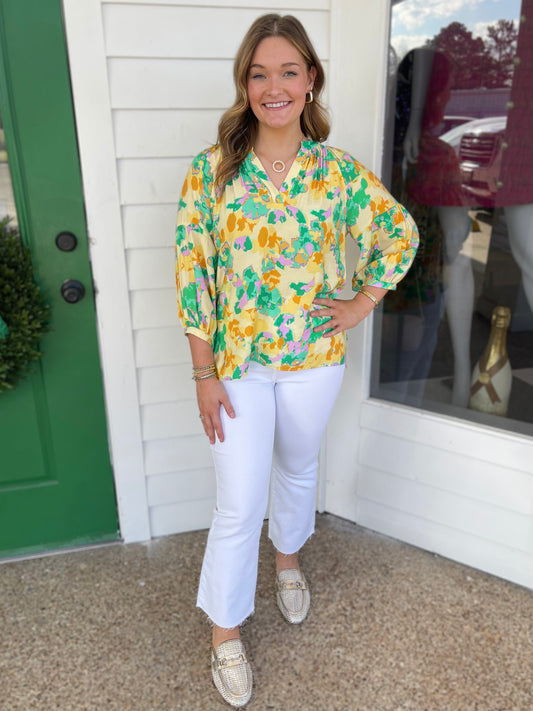 GREEN MIX RAGLAN 3/4 SLEEVE VNECK TOP