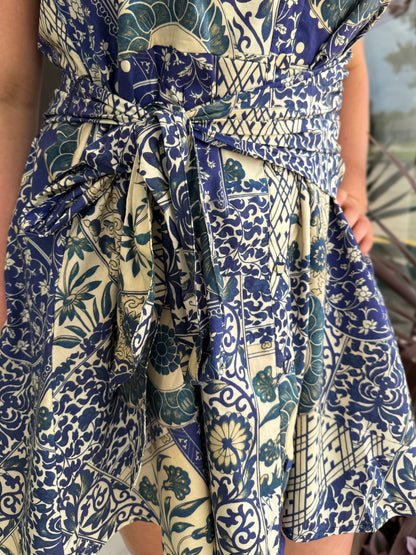 NAVY PATCHWORK PRINT COTTON POPLIN SIDE WAIST TIE SLEEVELESS SHIRT MINI DRESS