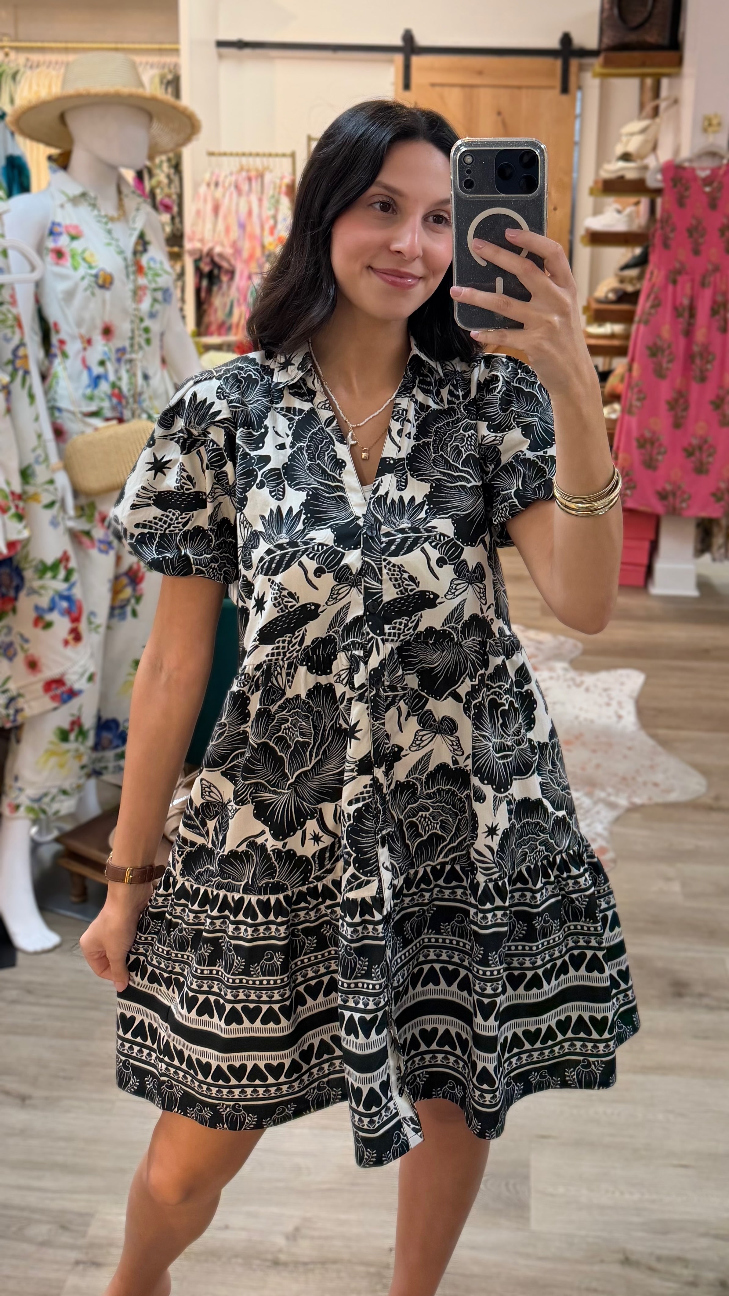BLACK/WHITE BOHO BLOOM BORDER PRINT BUTTON UP FLOUNCE MINI DRESS