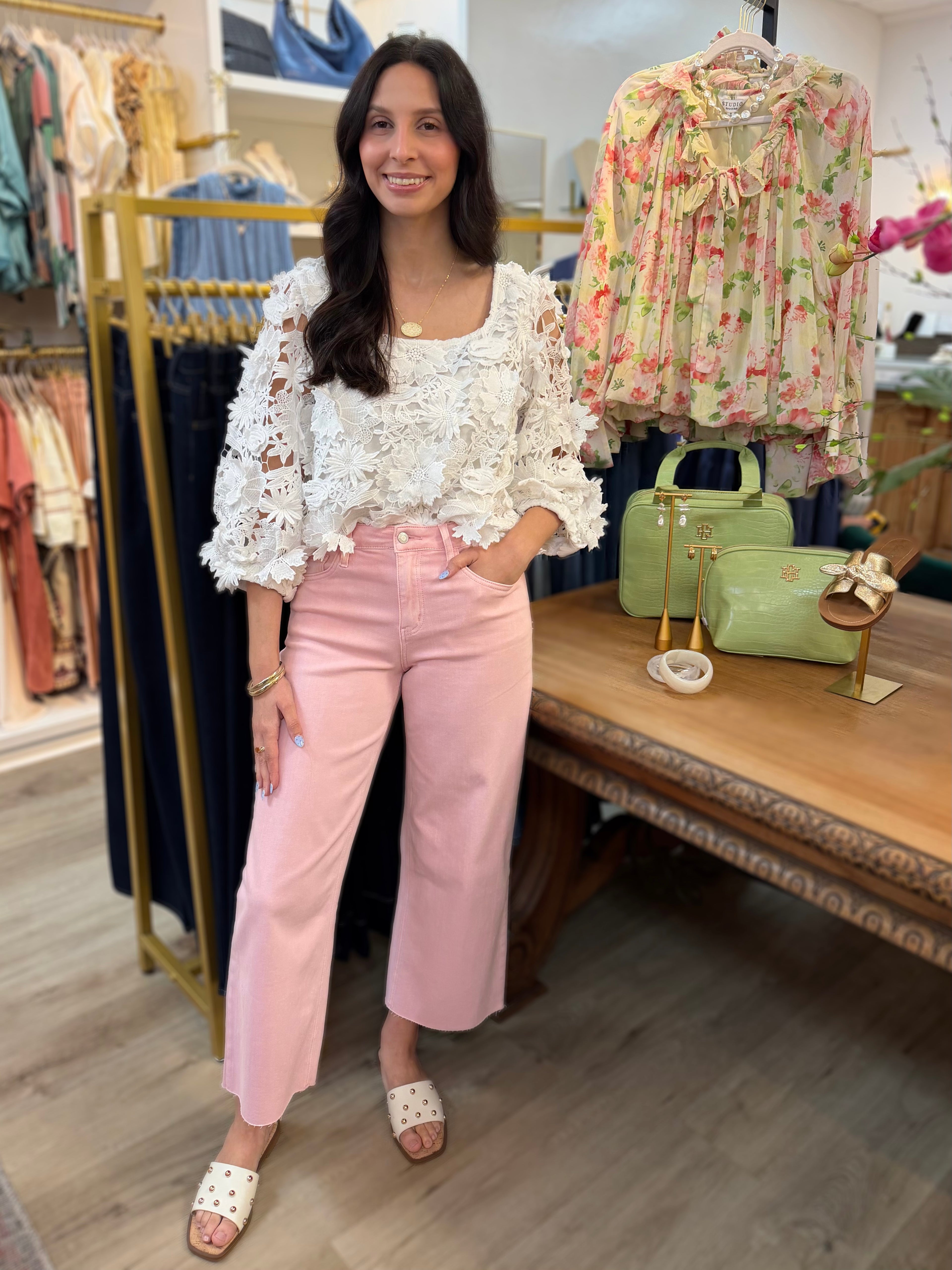 OFF WHITE LACE BILLOWY SLEEVE SQUARE NECK TOP