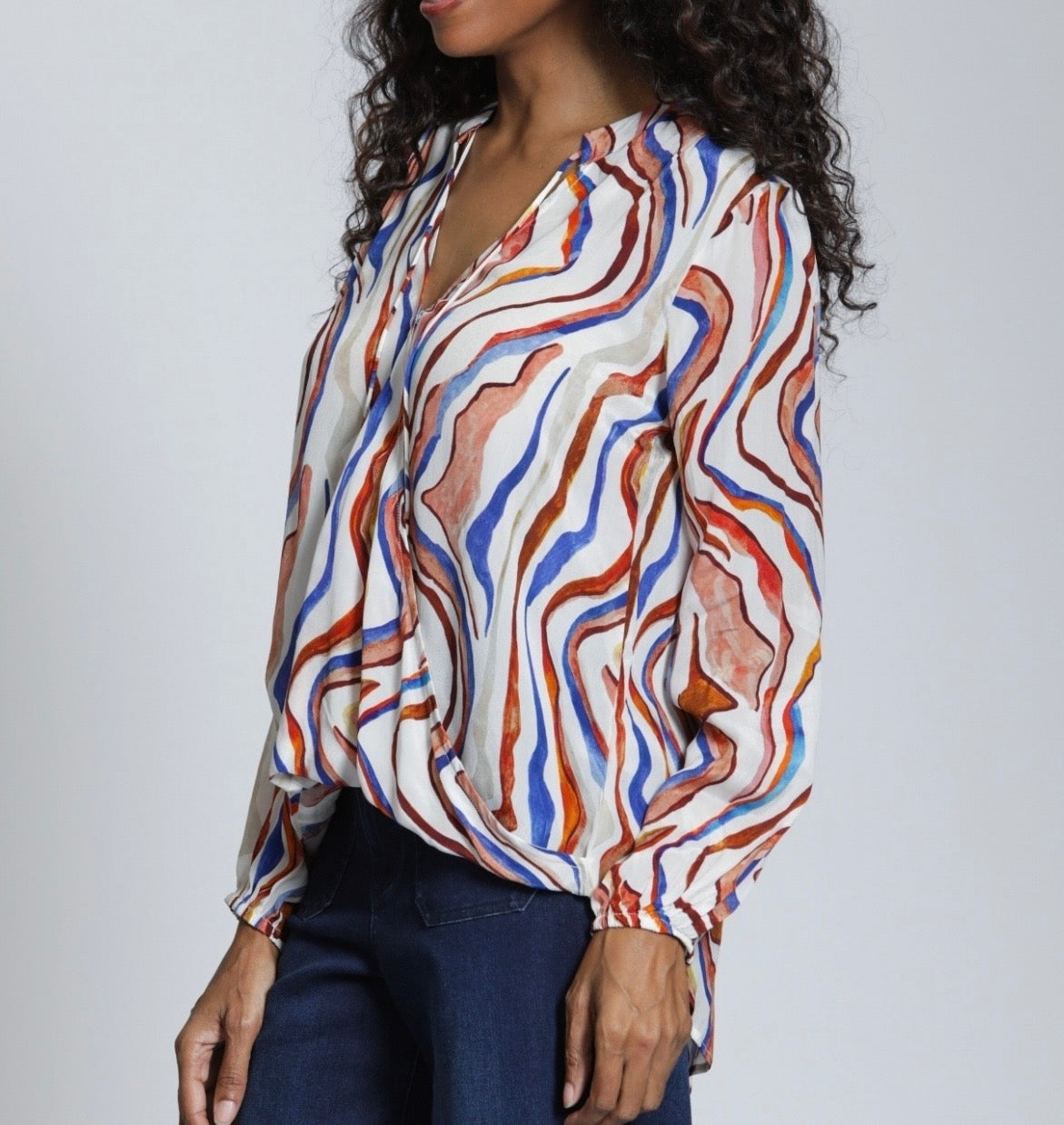 BROWN/BLUE MULTI WAVE PRINT CROSSOVER TASSEL TOP