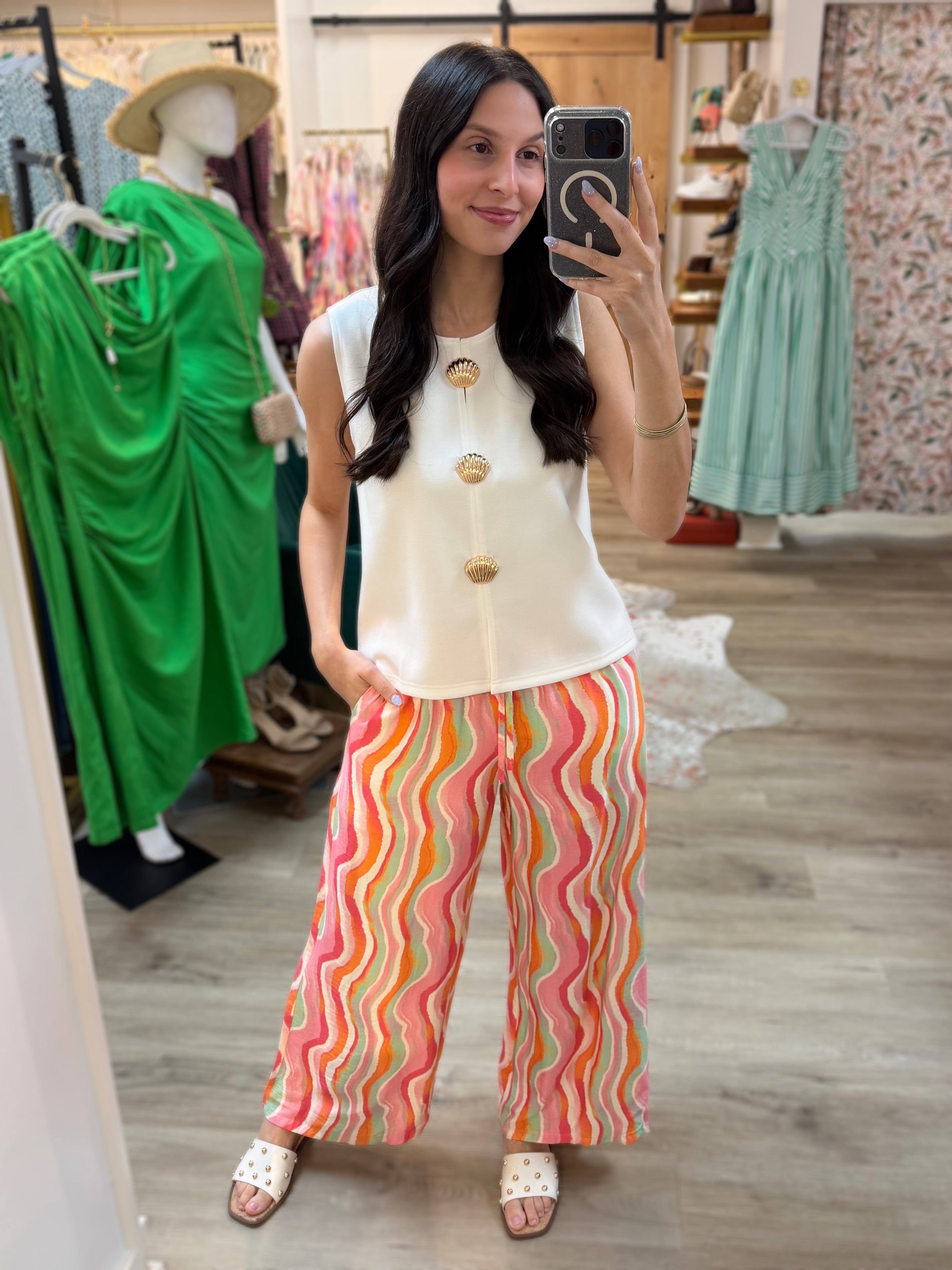 CREAM MULTI COLOR WAVY STRIPE PRINT RAYON WIDE LEG PANTS