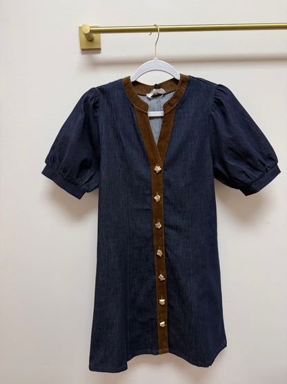 BLUE DENIM &amp; BROWN CORDUROY GOLD BUTTON DETAIL SHORT PUFF SLEEVE MINI DRESS