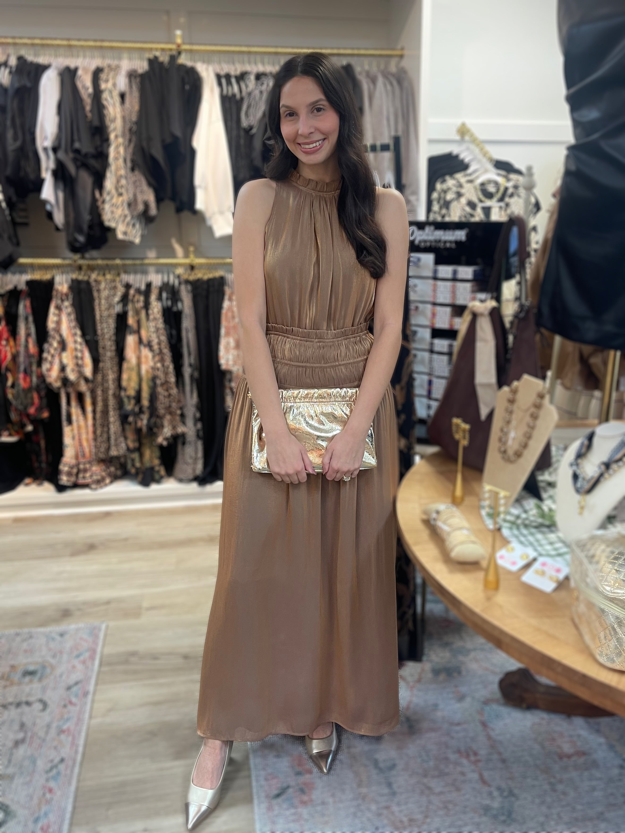 METALLIC GOLD SLEEVELESS SMOCKED WAIST MAXI DRESS