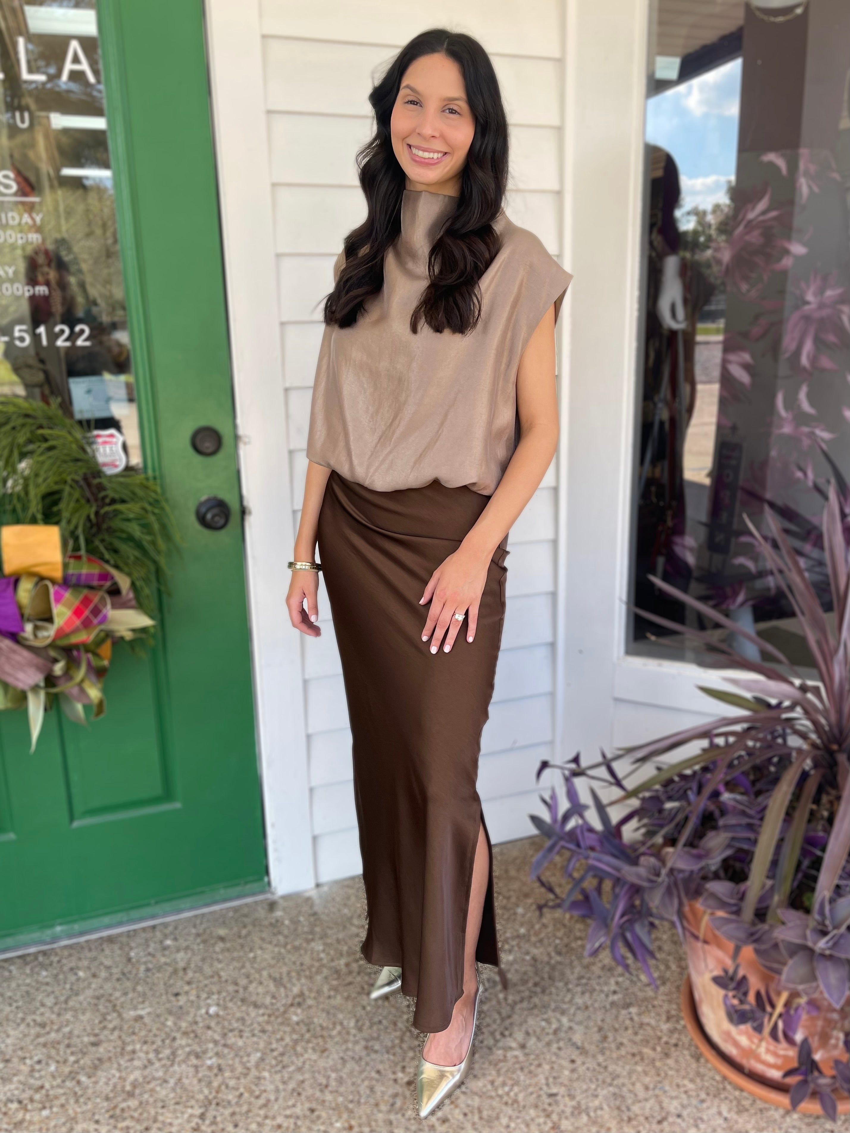 BROWN SATIN SIDE-SLIT MIDI SKIRT