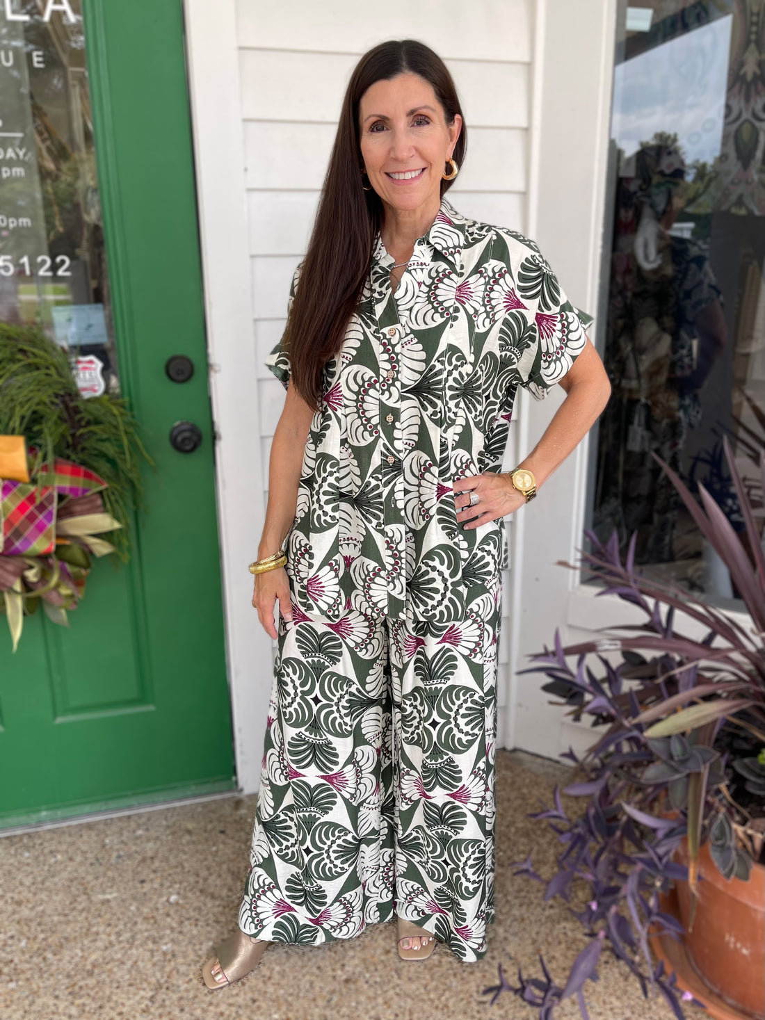 OLIVE MIX PRINTED SHORT SLEEVE BUTTON UP TOP
