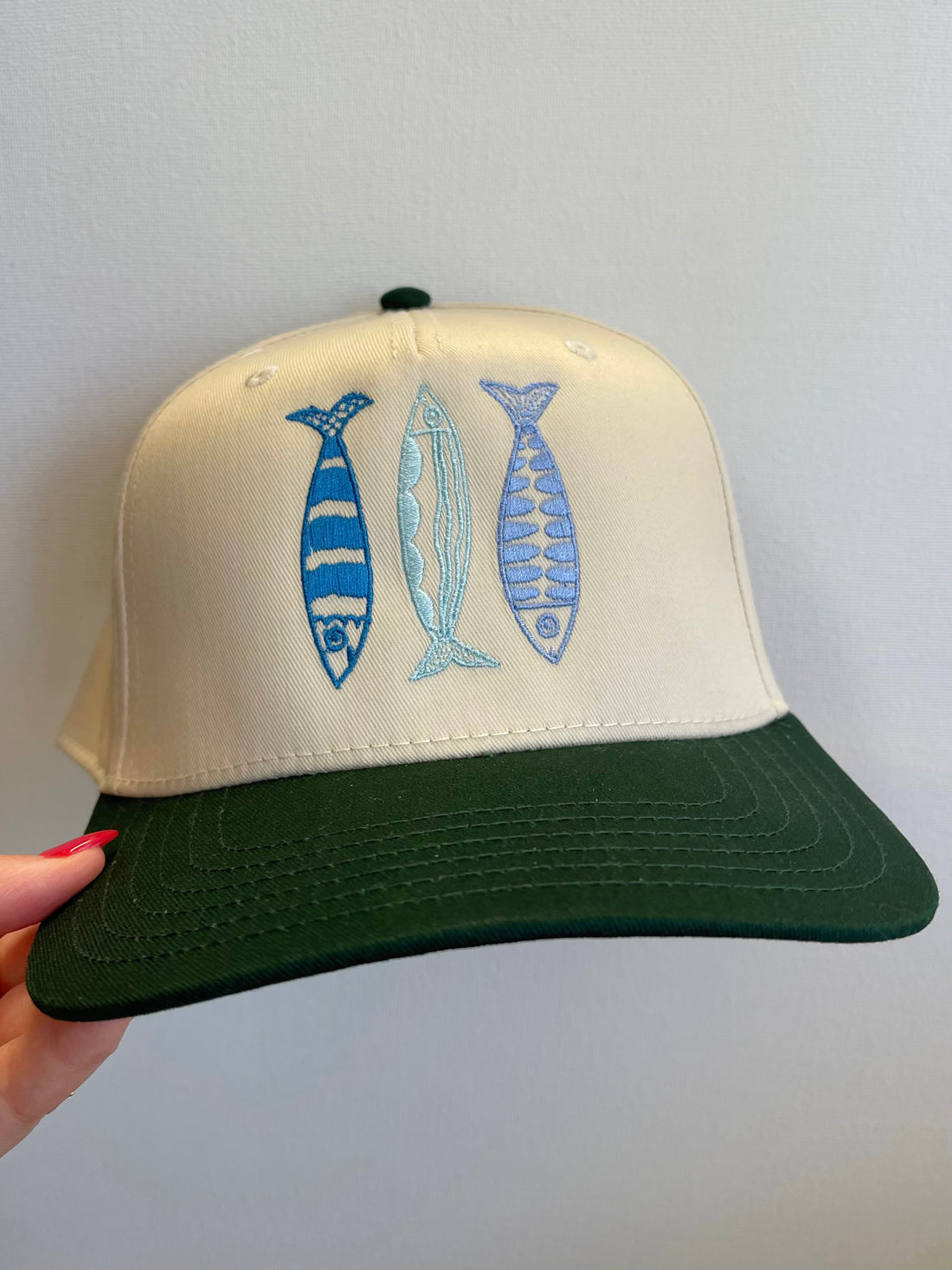 BLUE MULTI THREAD SARDINES TRUCKER HAT - GREEN &amp; TAN CANVAS HAT
