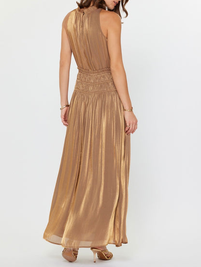 METALLIC GOLD SLEEVELESS SMOCKED WAIST MAXI DRESS