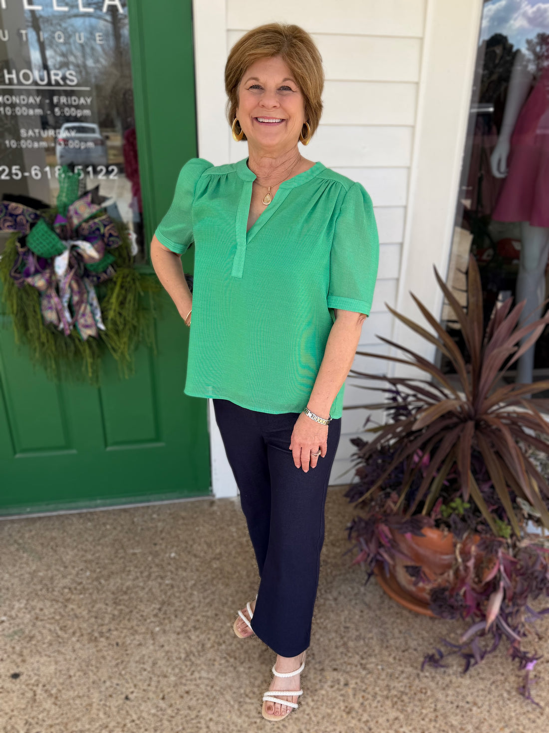 COOL ALOE METALLIC SHEEN GATHERED SHORT PUFF SLEEVE TOP