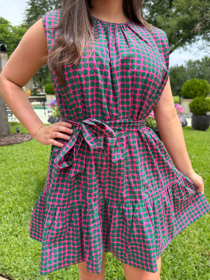 PINK &amp; GREEN POLKA DOT TIERED MINI DRESS