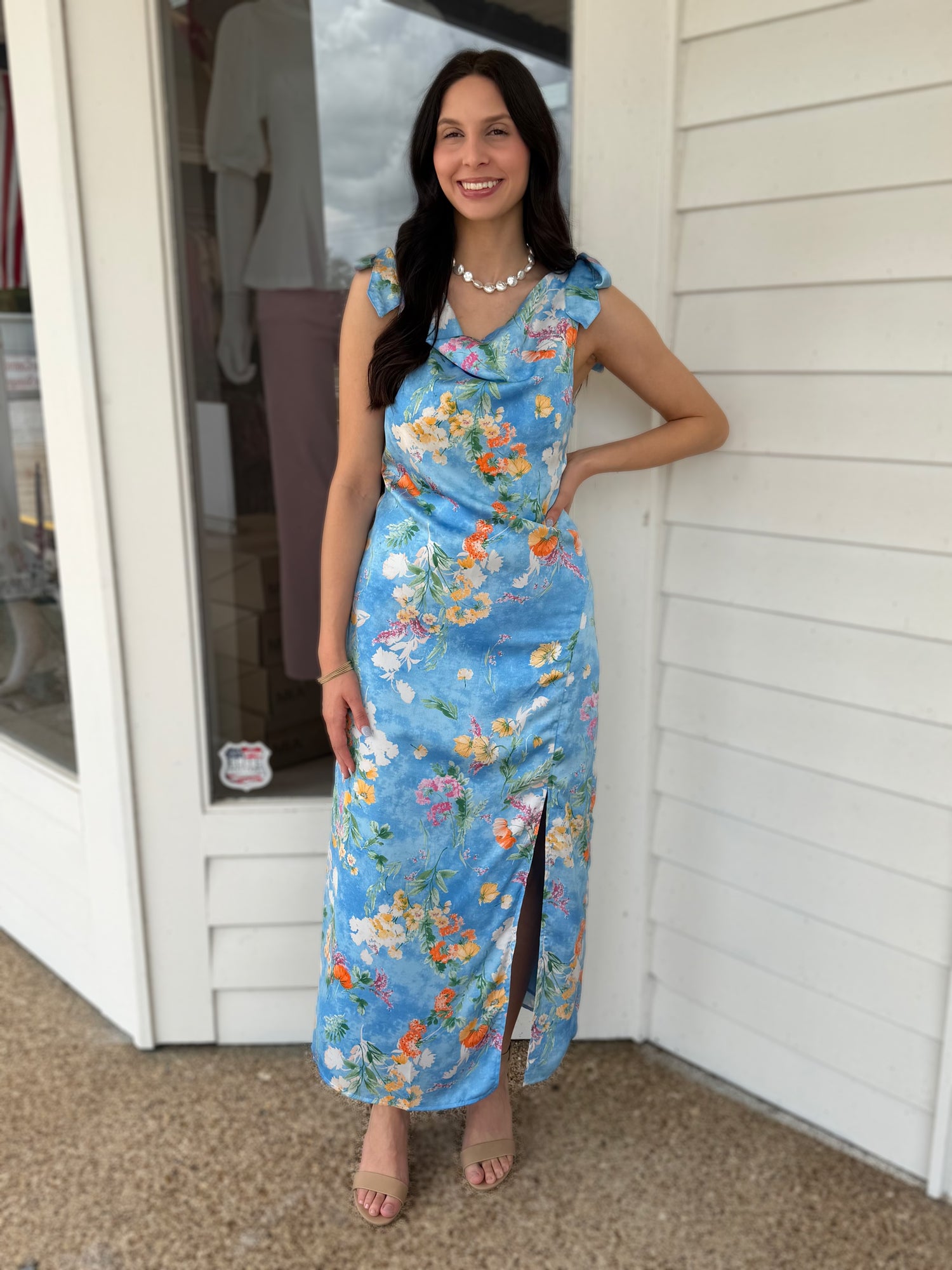 BLUE MULTI FLORAL PRINT COWL NECK SLEEVLESS TIE SHOULDER SATIN MIDI DRESS