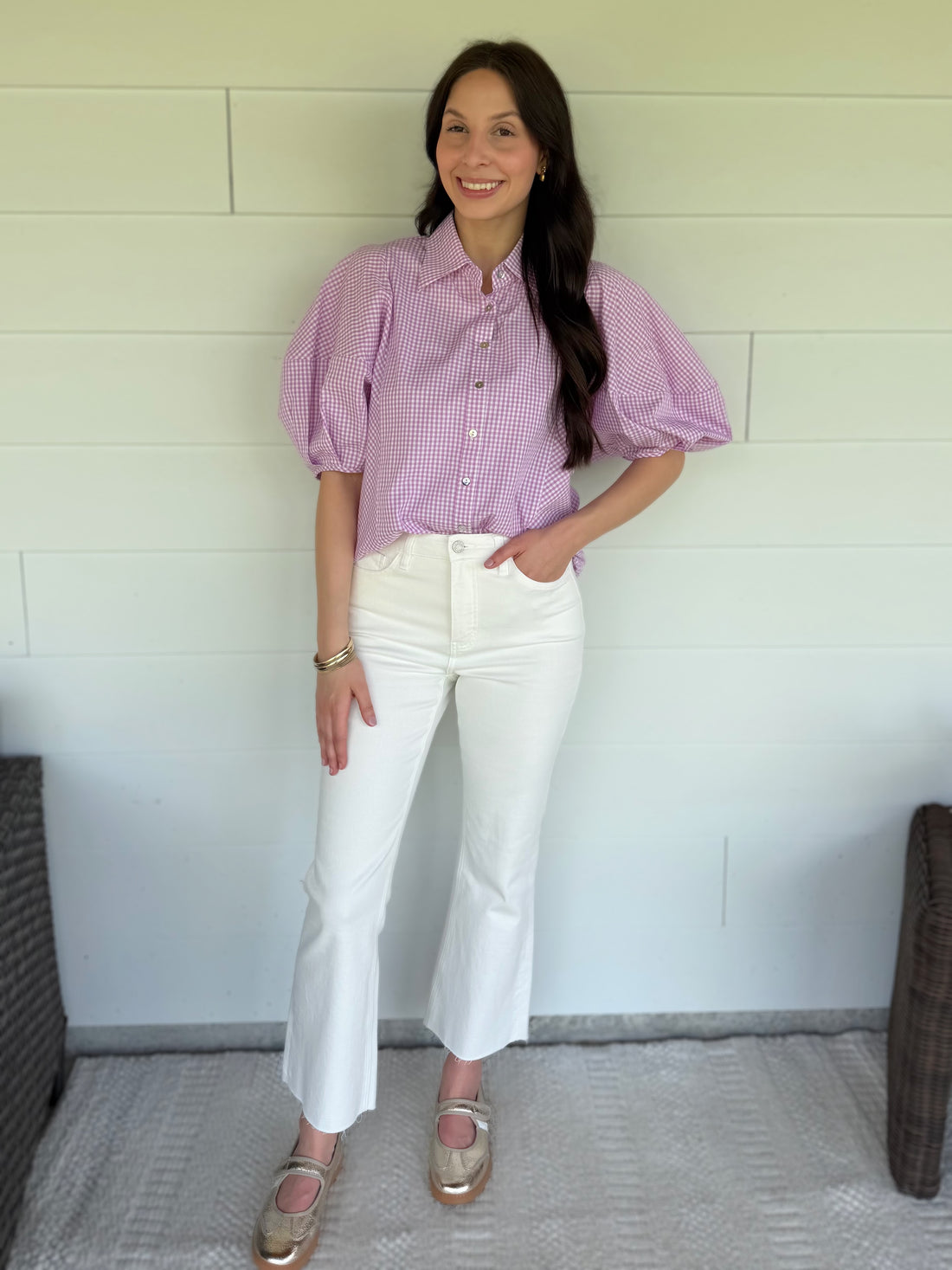 LAVENDER GINGHAM SHORT BALLOON SLEEVE BUTTON UP TOP