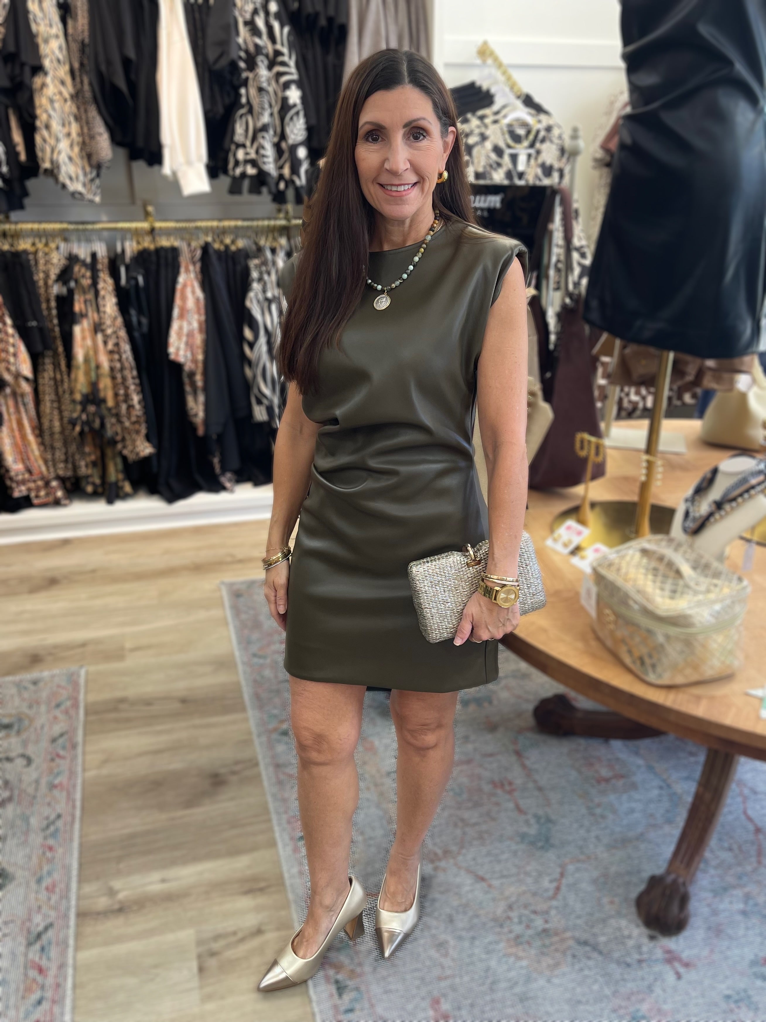 OLIVE VEGAN LEATHER PADDED SHOULDER EMILY MINI DRESS