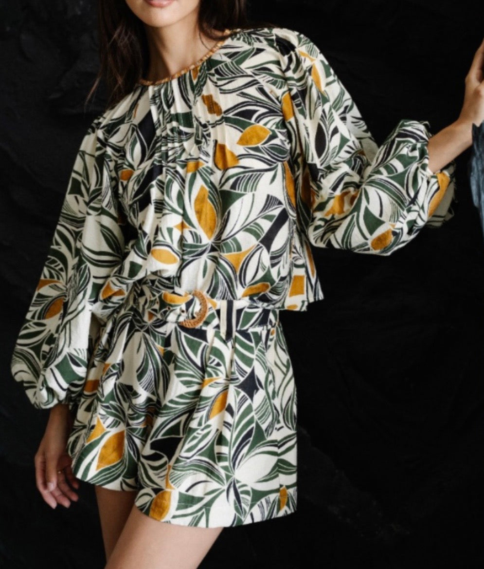 CREAM MULTI ABSTRACT LEAF PRINT PINTUCK DETAIL LONG SLEEVE FAYE TOP