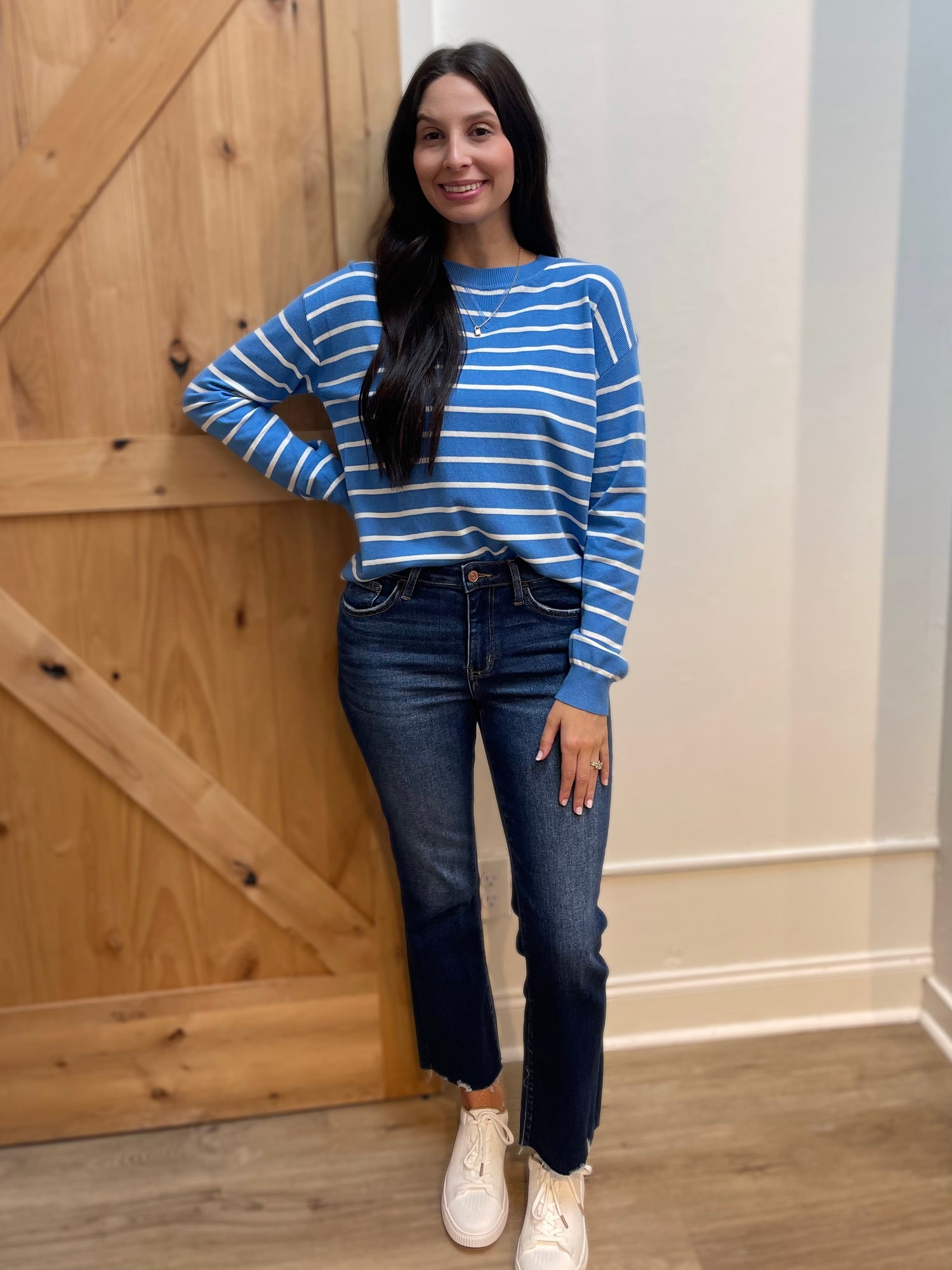 INDIGO STRIPED LONG SLEEVE PULLOVER SWEATER