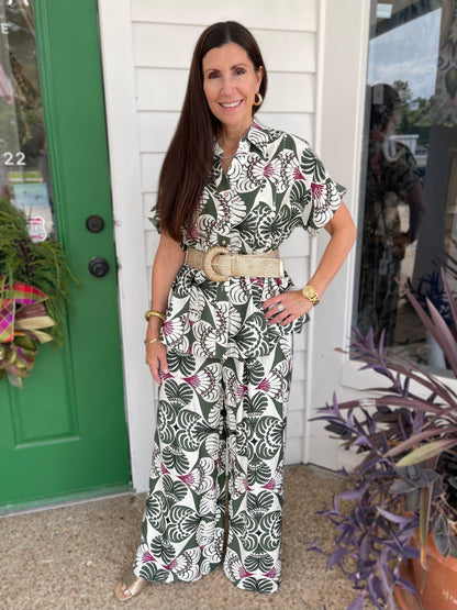 OLIVE MIX PRINTED SHORT SLEEVE BUTTON UP TOP