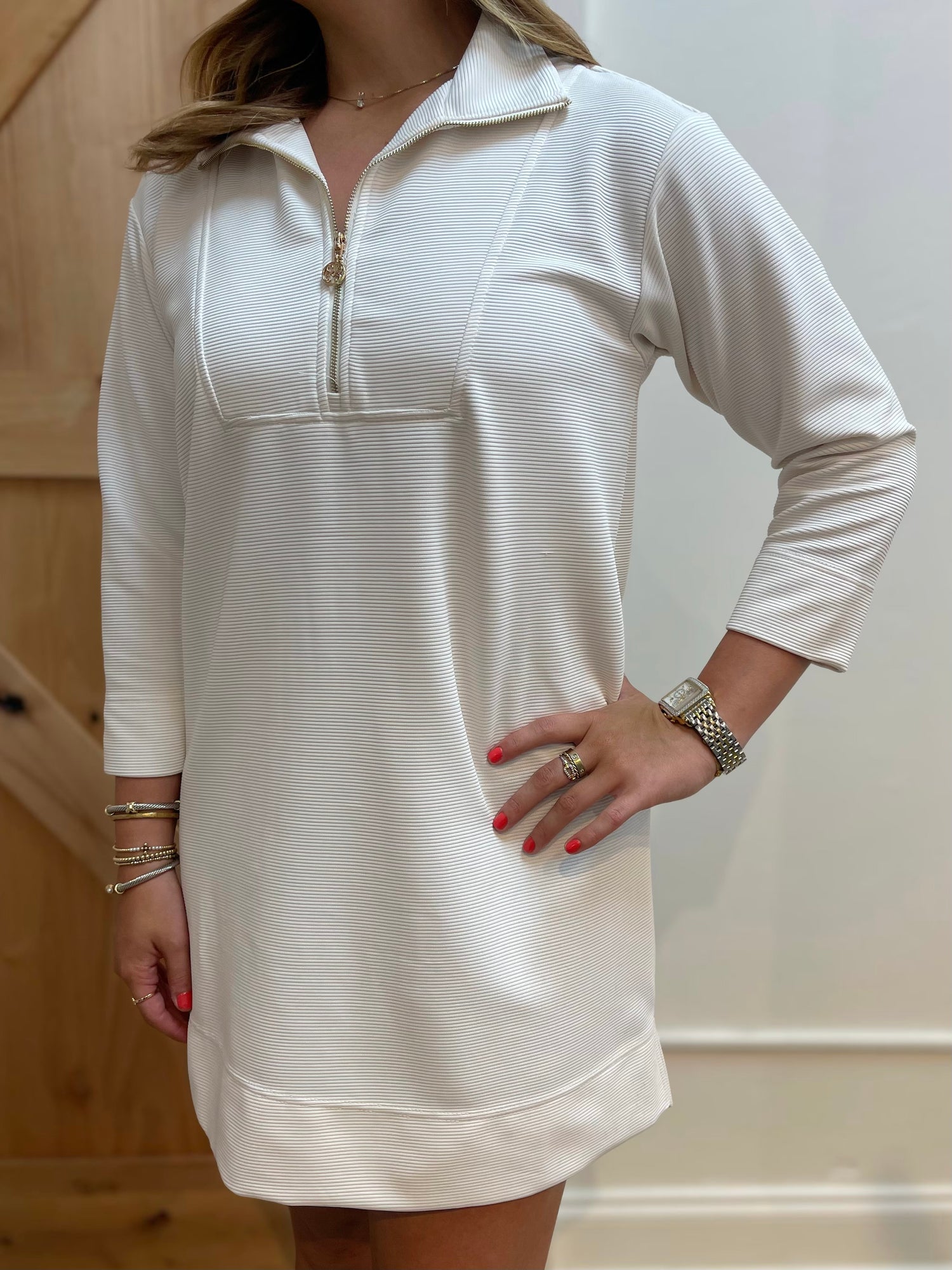 IVORY RIBBED QUARTER ZIP RAVEN MINI DRESS
