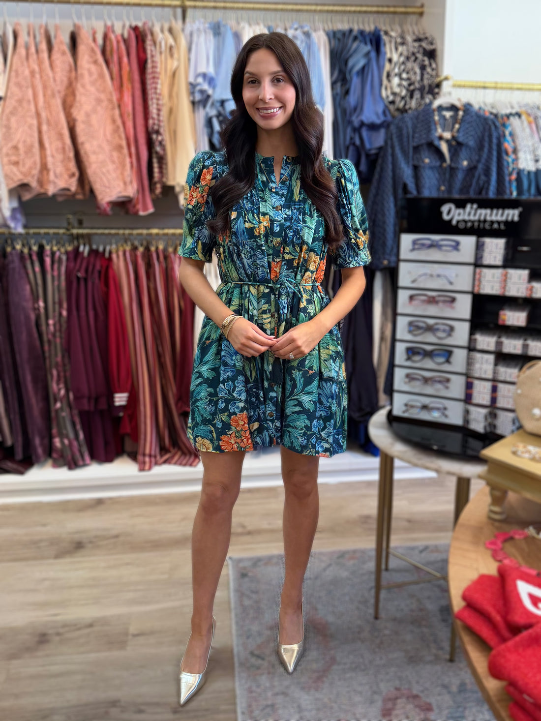 NAVY FLORAL PRINT BUTTON UP SHORT SLEEVE WAIST TASSLE TIE MINI DRESS