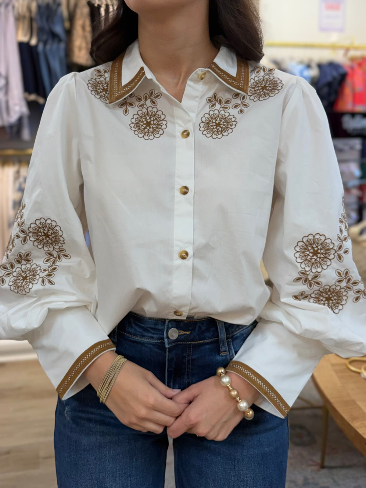 WHITE &amp; BROWN FLORAL EMBROIDERY LONG PUFF SLEEVE BUTTON UP TOP