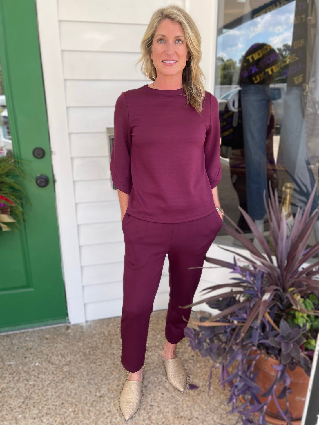 PORT WINE PCILL BUTTER MODAL FLARE 3/4 SLEEVE ROUND NECK TOP