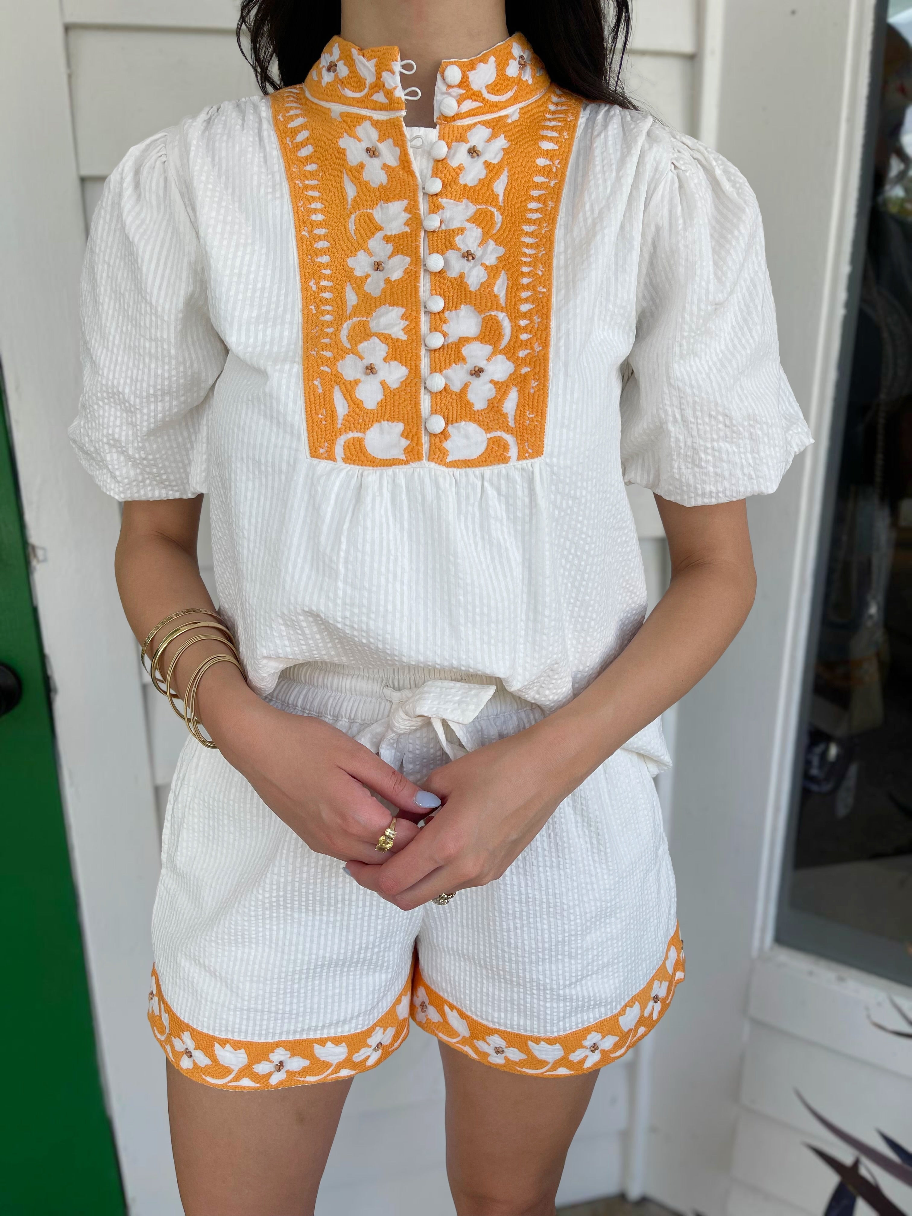 WHITE BRIYSA EMBROIDERED DRAWSTRING SHORTS