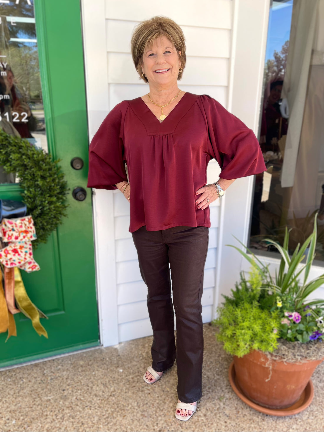 BURGUNDY VNECK WITH PLACKET TOP