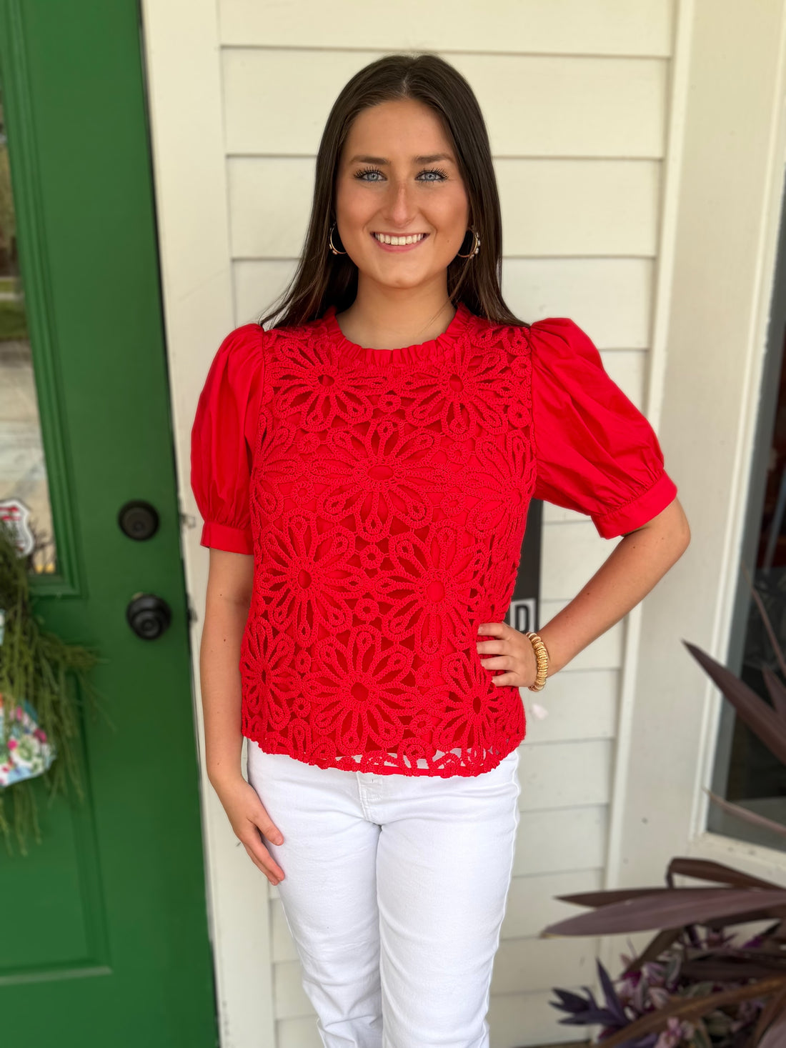 RED CROCHET LACE DETAIL SHORT PUFF SLEEVE TOP