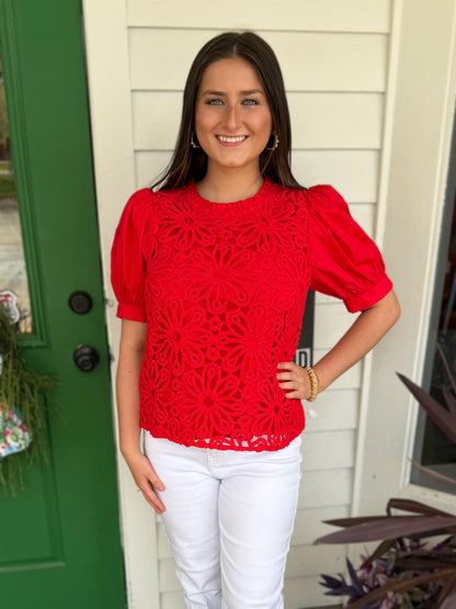 RED CROCHET LACE DETAIL SHORT PUFF SLEEVE TOP