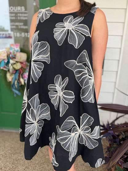 BLACK FLORAL EMBROIDERED A-LINE SLEEVELESS MINI DRESS