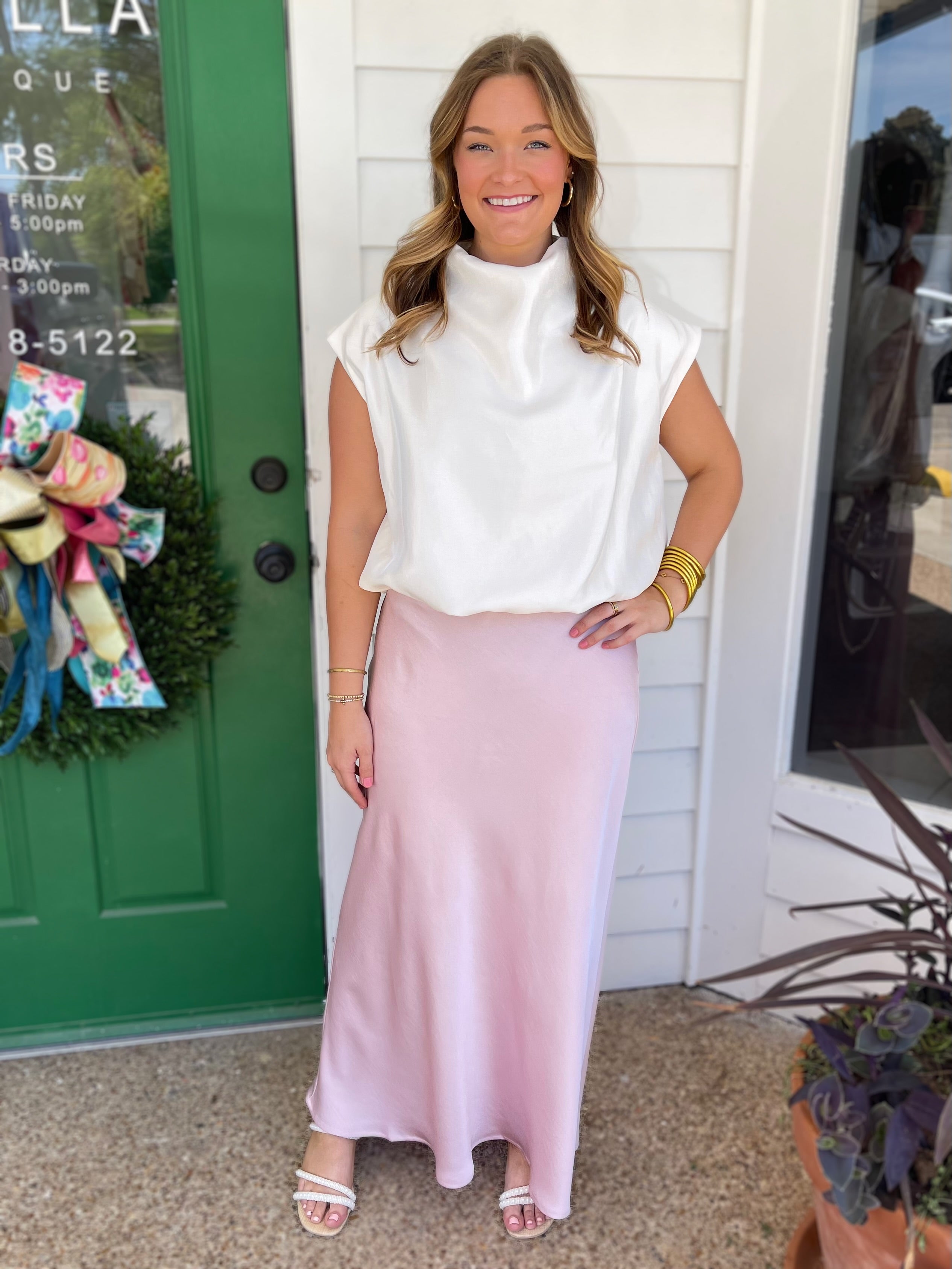 LIGHT PINK SATIN HIGH WAISTED MAXI SKIRT