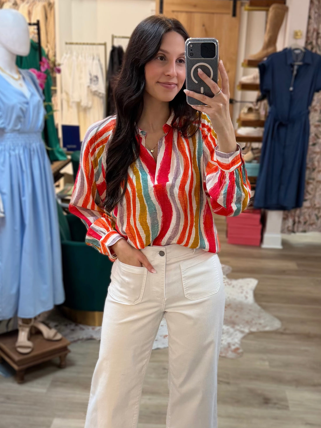 HIBISCUS MULTI PRINT HALF PLACKET LONG SLEEVE PULLOVER TOP