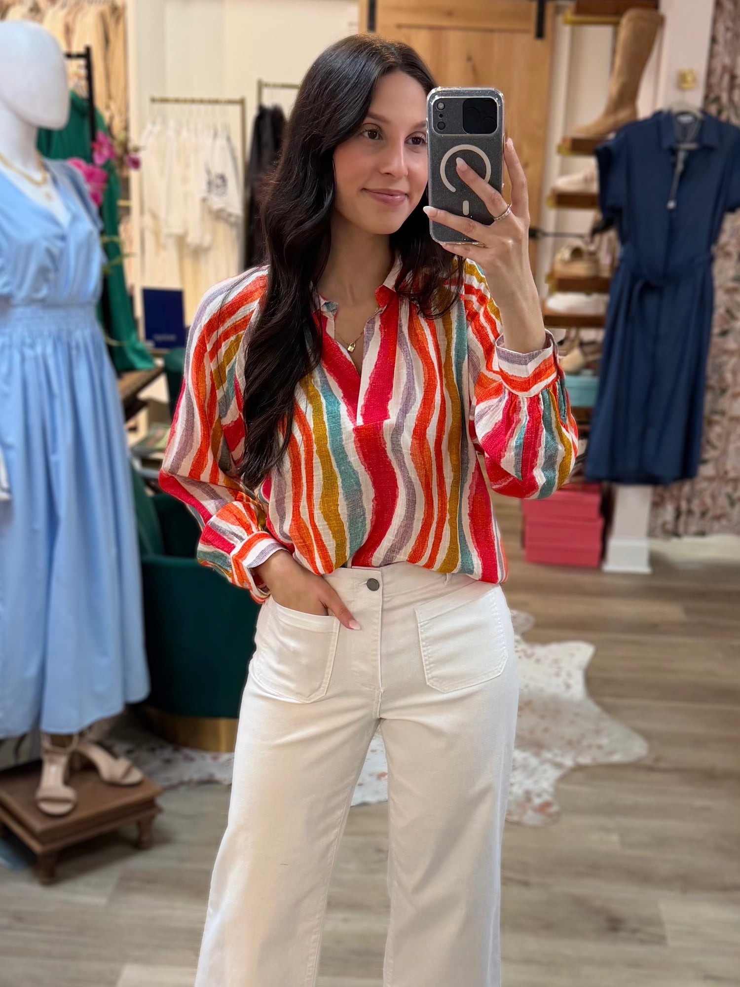 HIBISCUS MULTI PRINT HALF PLACKET LONG SLEEVE PULLOVER TOP