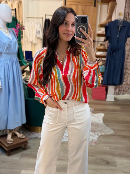 HIBISCUS MULTI PRINT HALF PLACKET LONG SLEEVE PULLOVER TOP