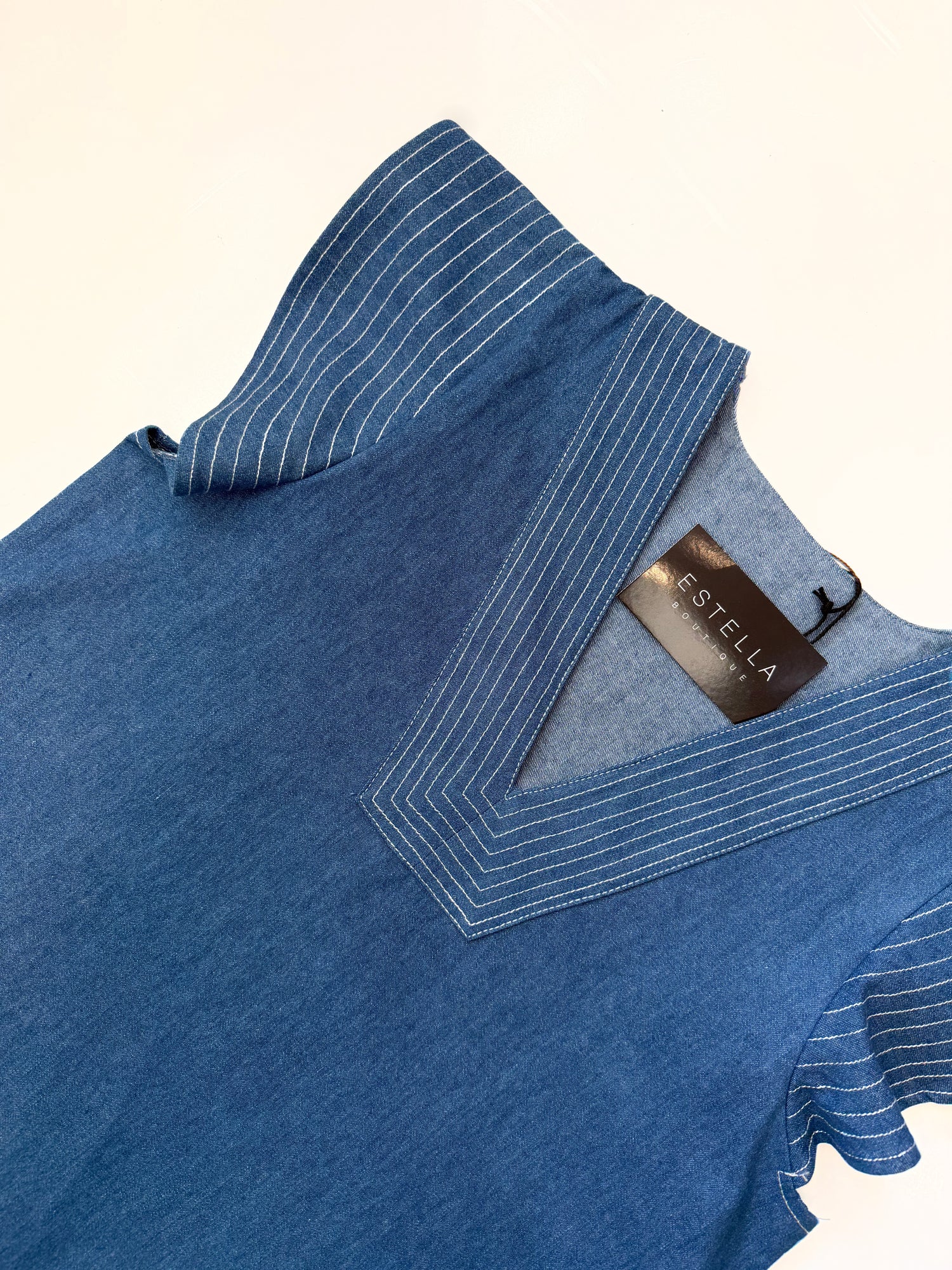 DENIM BLUE CONTRAST STITCH SHORT RUFFLE SLEEVE VNECK TOP