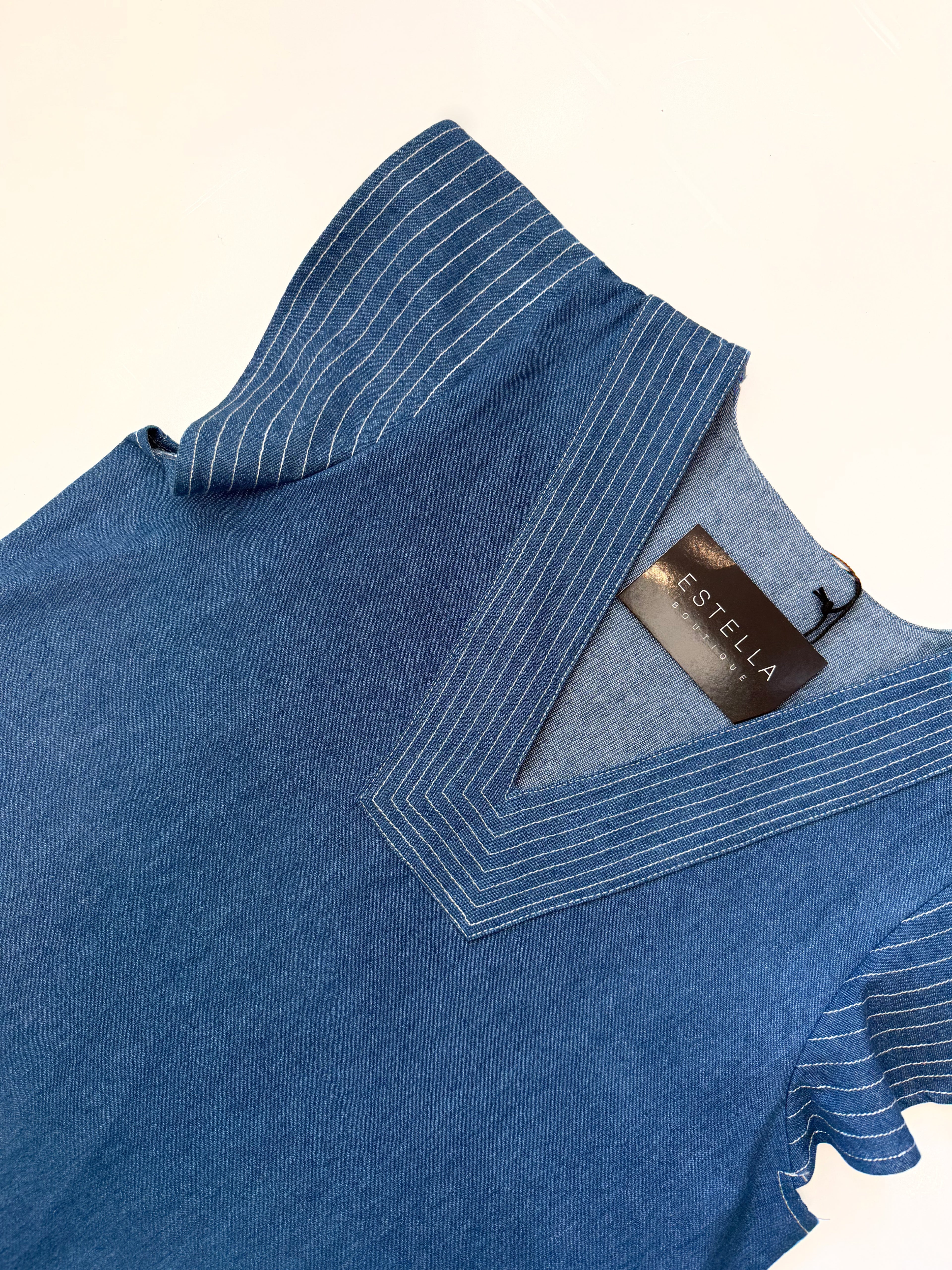 DENIM BLUE CONTRAST STITCH SHORT RUFFLE SLEEVE VNECK TOP