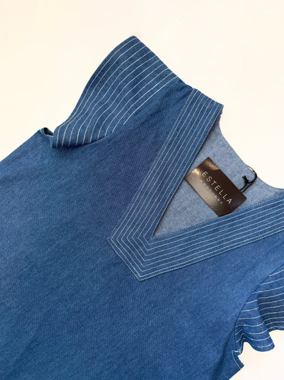 DENIM BLUE CONTRAST STITCH SHORT RUFFLE SLEEVE VNECK TOP