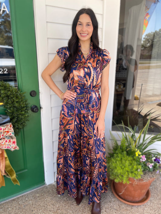 NAVY PRINTED TIERED SATIN MAXI DRESS