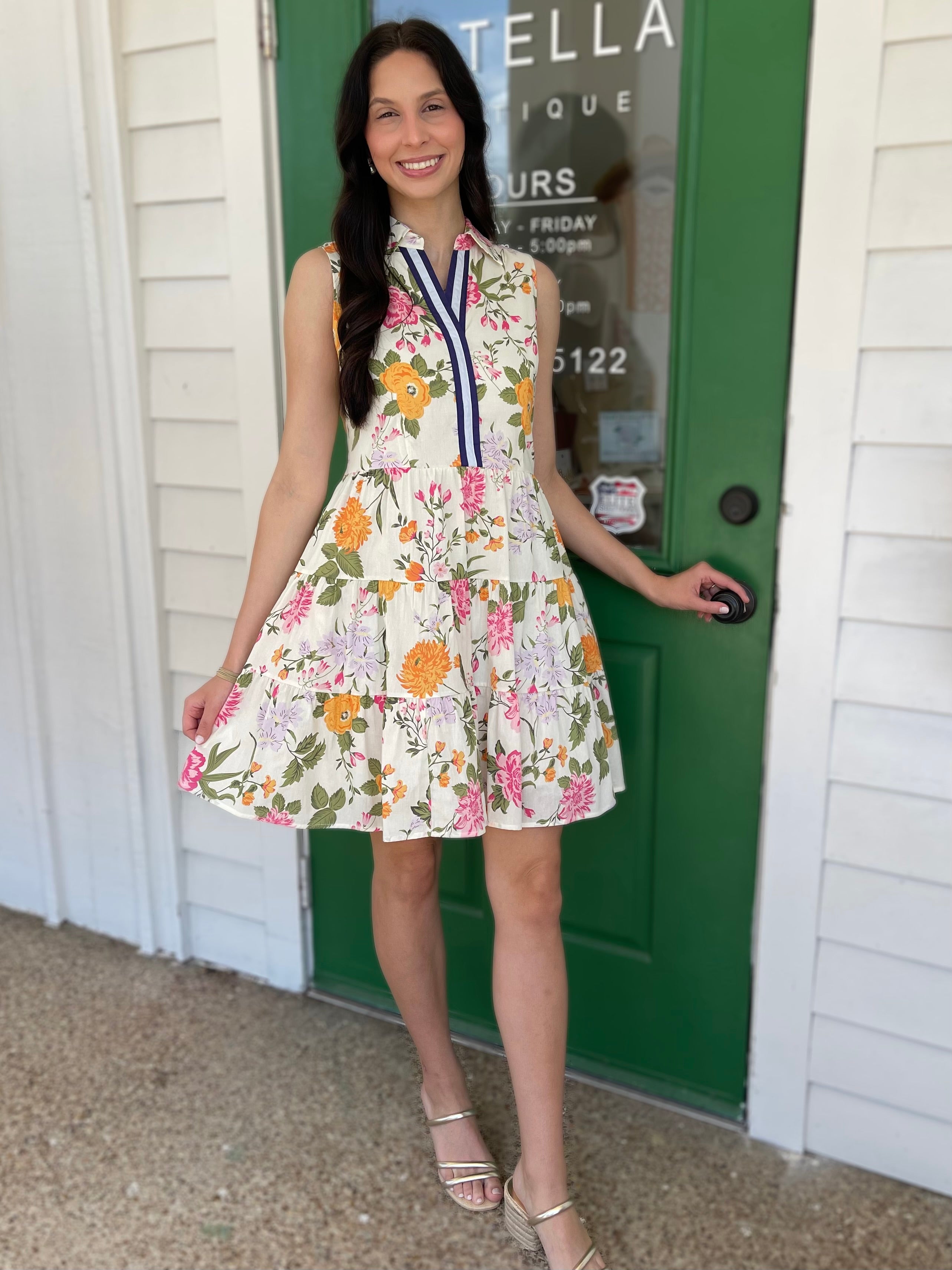 CREAM FLORAL PRINT SLEEVELESS TIERED MINI DRESS