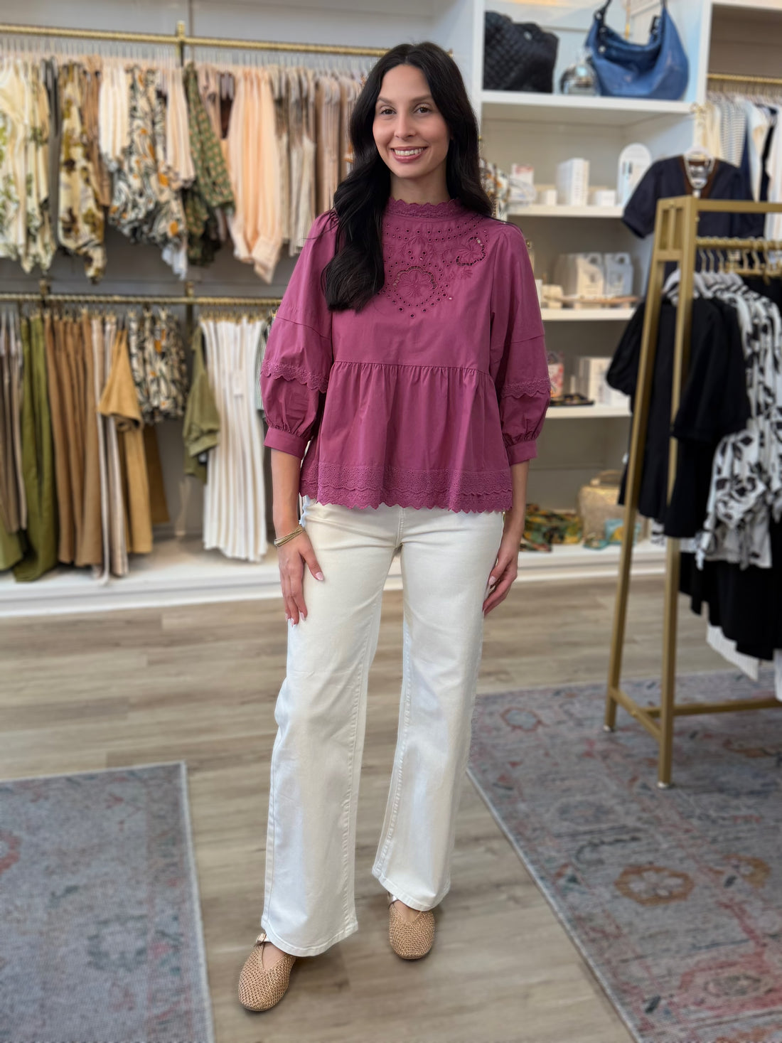 ROSEWOOD EYELET DETAIL HIGH NECK SHORT BALLOON SLEEVE TOP