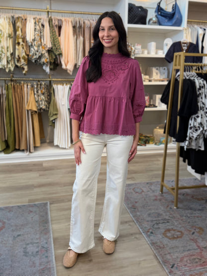 ROSEWOOD EYELET DETAIL HIGH NECK SHORT BALLOON SLEEVE TOP